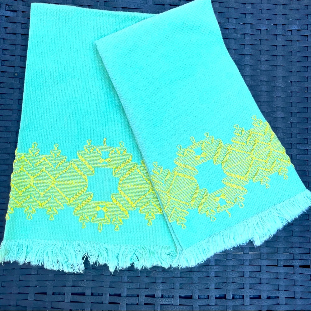 Two Vintage Tea Towels Cloth Aqua and Yellow Embroidered